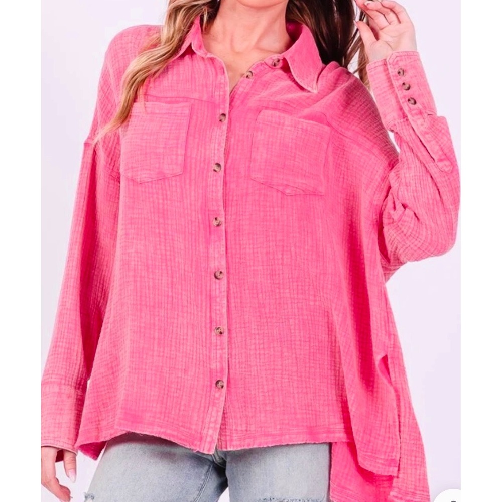 Sage + Fig Cotton Gauze Button Shirt Pink Women Oversized Small NWT